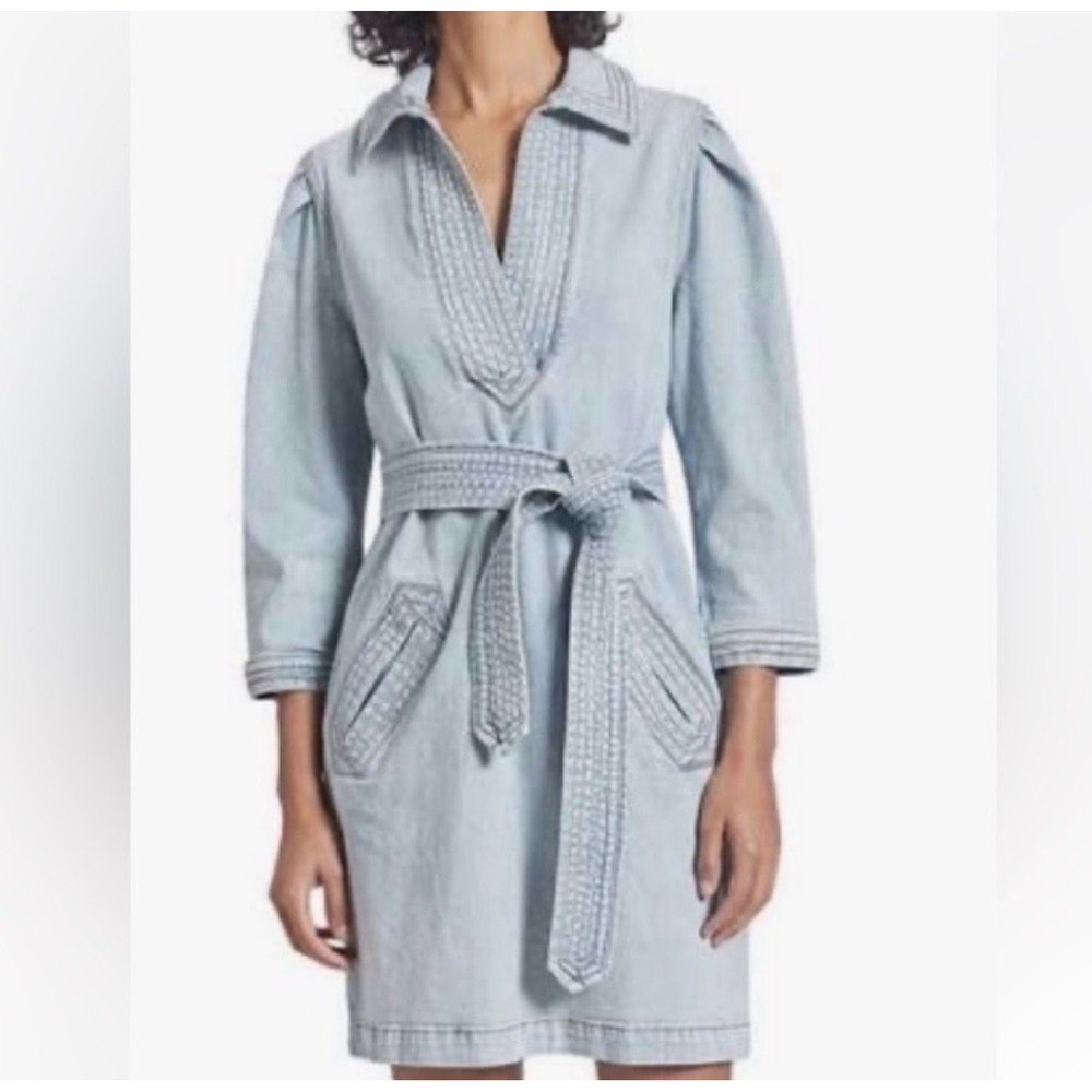 J7 Current/Elliott Light Wash Denim Puff Sleeve‎ Shift Dress V-Neck Blue DR02180